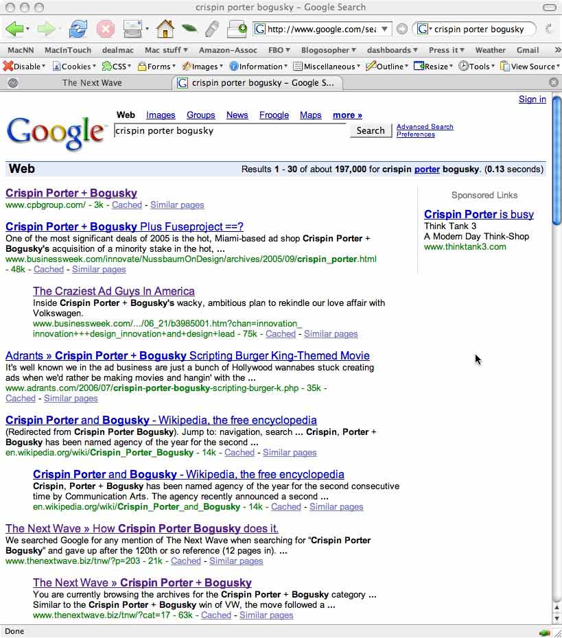 Google search for Crispin Porter + Bogusky