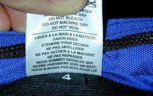 The Tom Bihn label with the French we’re sorry our president is an idiot, we didn’t vote for him