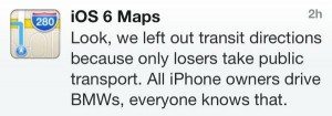 Screen grab of tweet that Apple left out transit maps because Apple users only drive BMWs