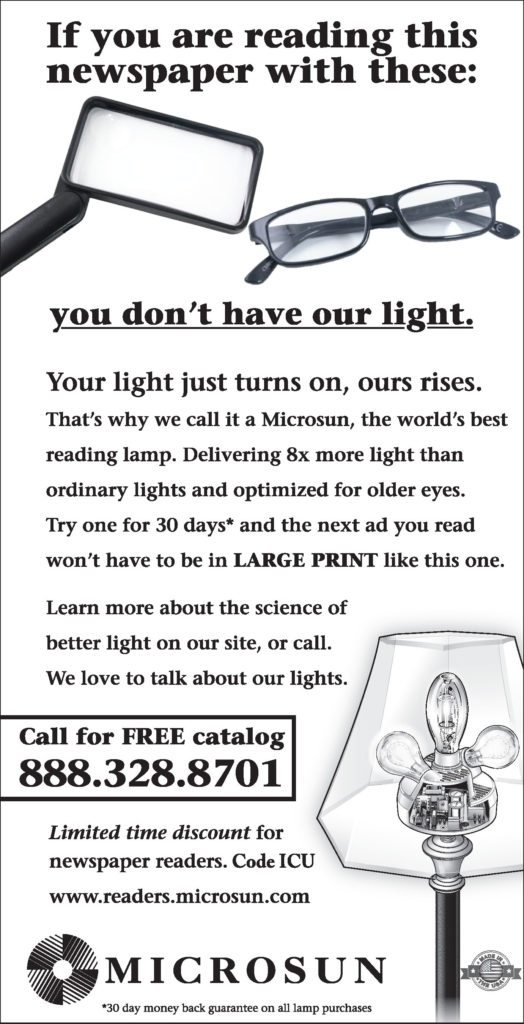 Microsun print ad that uses large type and shows reading aids