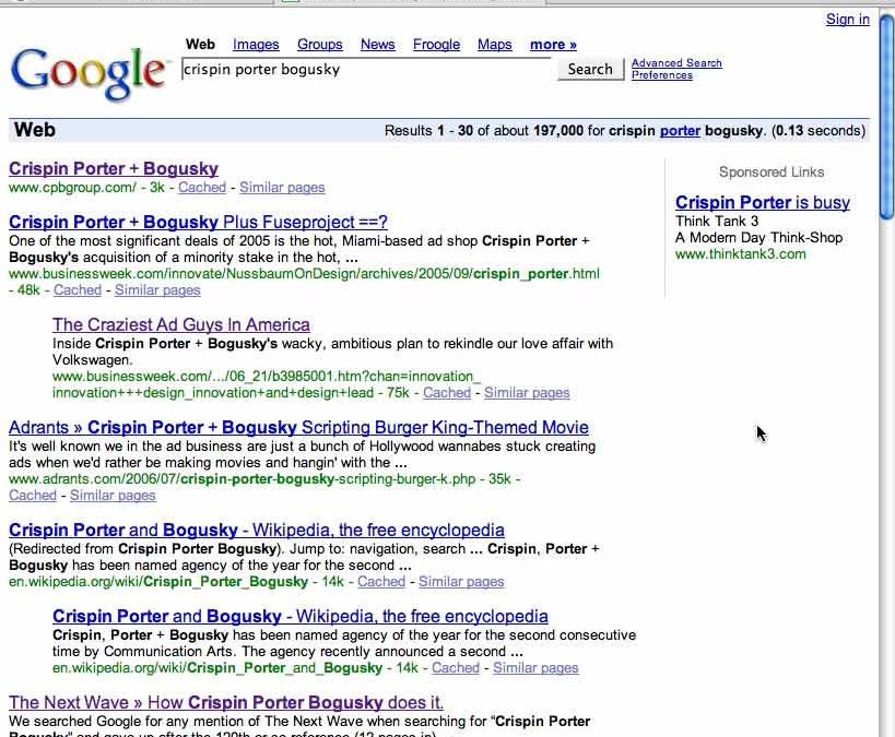Google search for Crispin Porter + Bogusky